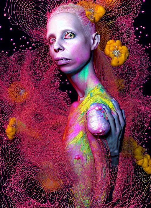 Image similar to hyper detailed 3d render like a Oil painting - Yolandi Visser seen Eating of the Strangling network of yellowcake aerochrome and milky Fruit and Her delicate Hands hold of gossamer polyp blossoms bring iridescent fungal flowers whose spores black the foolish stars by Jacek Yerka, Mariusz Lewandowski, Houdini algorithmic generative render, Abstract brush strokes, Masterpiece, Edward Hopper and James Gilleard, Zdzislaw Beksinski, Mark Ryden, Wolfgang Lettl, hints of Yayoi Kasuma, octane render, 8k