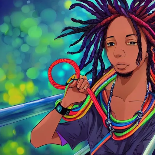 Prompt: colorful elastic bands as a rapper with short dreadlocks, anime art style, extremely detailed, trending on art station