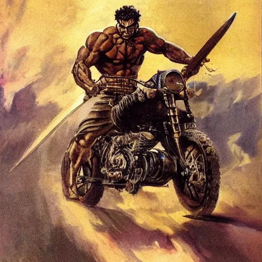 Prompt: into glory ride, artwork by Frank Frazetta, motorcycle, muscular man riding into battle holding sword