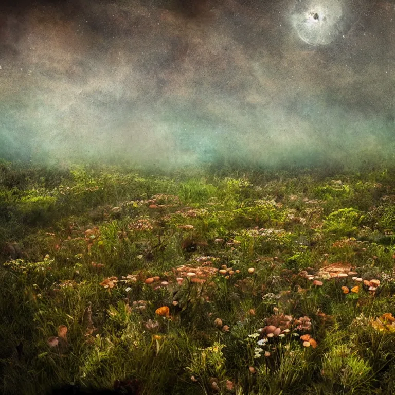 Image similar to a planet of various fungus, mushrooms, flowers and plants, inside the picture is infinity, Atmospheric, artistic photography, conceptual, long exposure outside the city, volumetric light