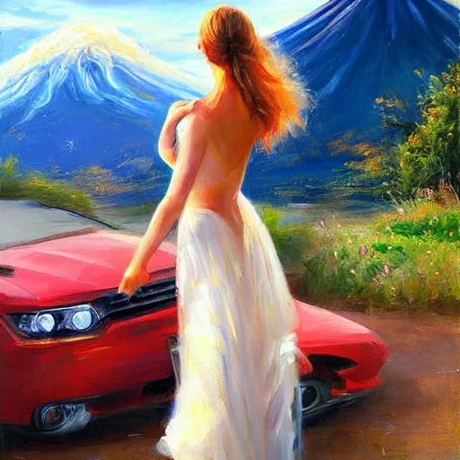 Image similar to painting volegov car blonde woman!!! erupting volcano!!!