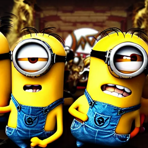 Image similar to minions as a heavy hair metal band from 8 0 s playing their concert on stadium