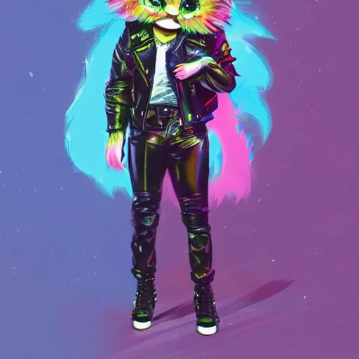 Image similar to wide angle full body, jacket wearing fluffy cute rainbow kitten wearing a black leather motorcycle jacket, cinematic concept art