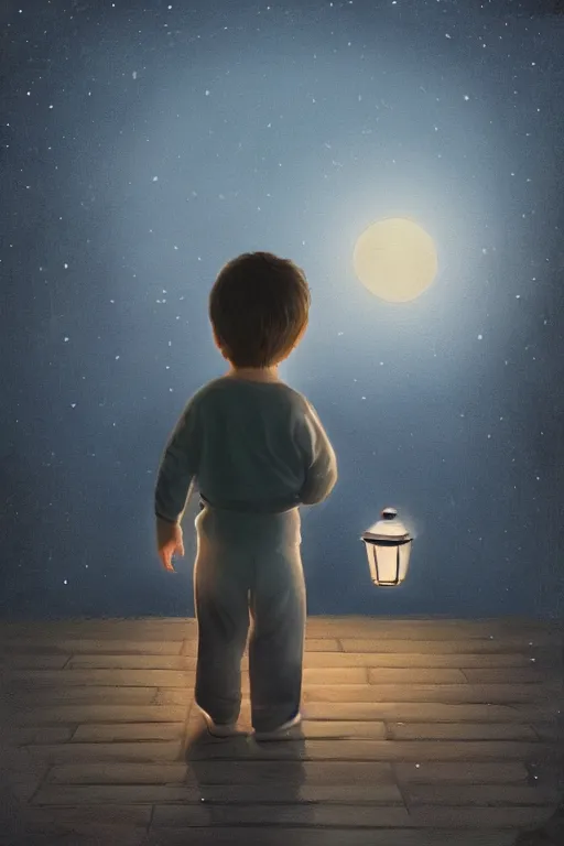 Image similar to a little boy carrying lantern at night, cute cat sits beside, photorealistic face and skin tones, dreamy moonlit nightscape by the garden, lake house, smooth, matte colors, trending on artstation, 4 k, 8 k