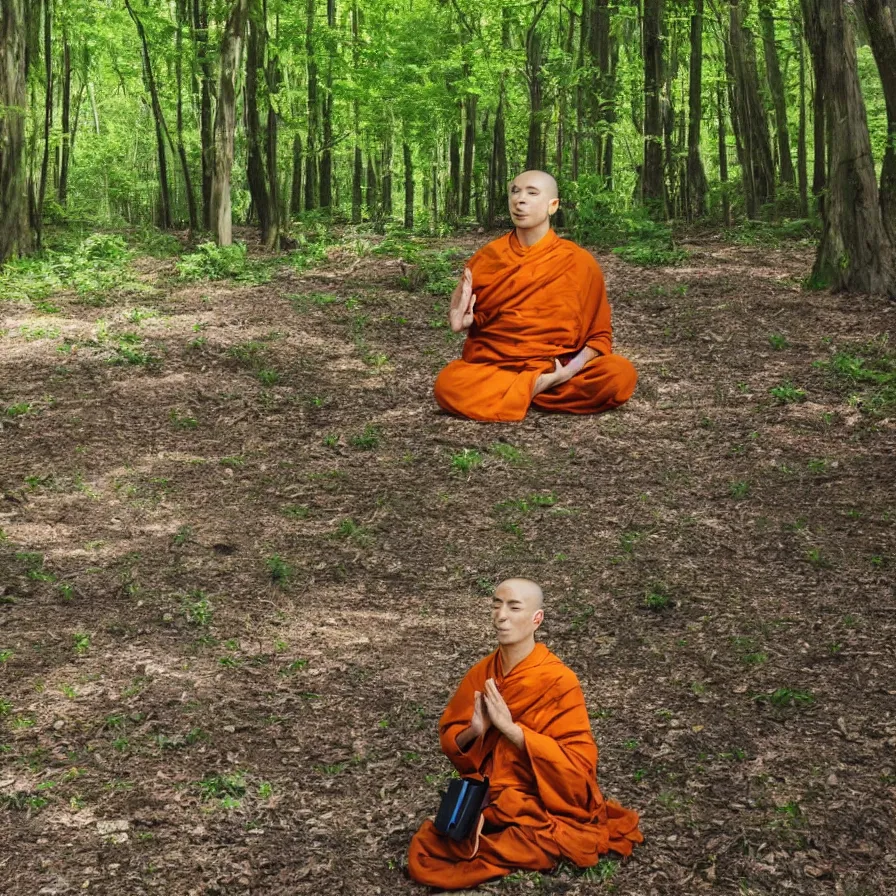 Image similar to a technobudist monk with a high-tech headset meditating in a forest