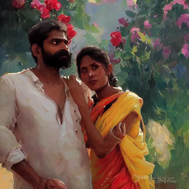 Image similar to paiting of a tamil man and alien love story, portrait, elegant, intricate, digital painting, artstation, concept art, smooth, sharp focus, illustration, art by konstantin korovin and daniel f. gerhartz and john howe