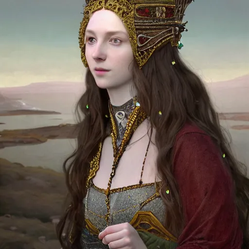 Prompt: a highly detailed portrait of a medieval icelandic princess, beautiful detail and color, art by john collier and albert aublet and krenz cushart and artem demura and alphonse mucha, volumetric lighting, octane render, 4 k resolution, matte, sharp focus, illustration, art by jacque - louis david, baroque style