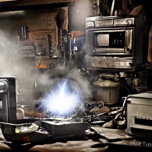 Prompt: cyborg toaster oven repairman, dark messy smoke - filled cluttered workshop, dark, dramatic lighting, orange tint, sparks, plasma rays, cinematic, highly detailed, sci - fi, futuristic, movie still, rule of thirds composition