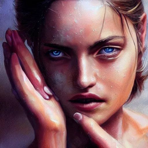 Image similar to hands by annie ralli art, artgem, fullshot, color painting, hyperrealistic, concept art, oil painting, masterpiece, concept art, trending on deviantart, realistic and detailed face, highly detailed, high quality, 8 k, soft lighting, fancy colors, fantasy, cinematic, high coherence