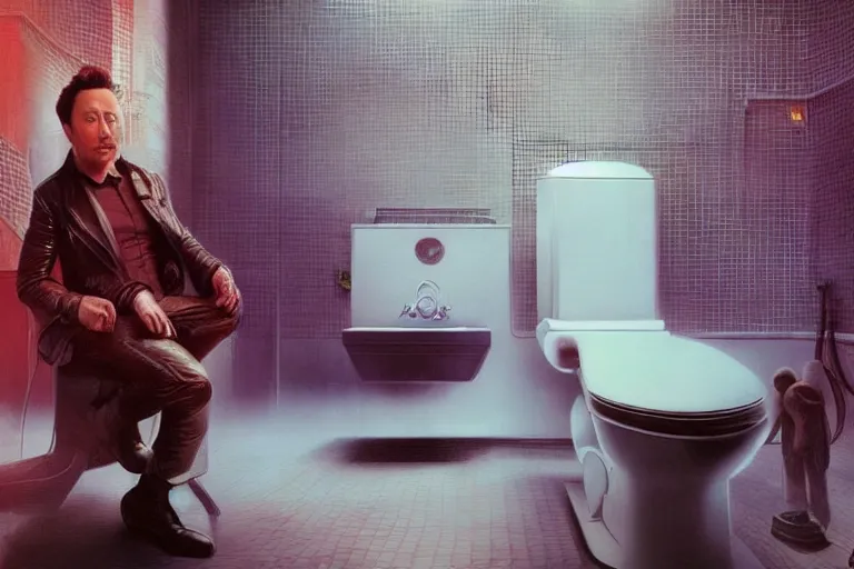 Image similar to hyperrealism aesthetic ridley scott and denis villeneuve style photography of a detailed hyperrealism elon musk, siting on a detailed sci - fi toilet and scrolling his smartphone in hyperrealism scene from detailed art house movie in style of alejandro jodorowsky and wes anderson