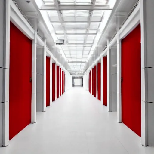 Image similar to a long all white hallway lined with red doors, liminal space,
