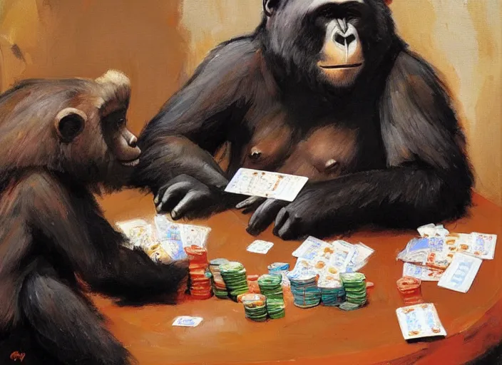 Prompt: gorrila and a bear playing poker, highly detailed beautiful, by gregory manchess, james gurney, james jean