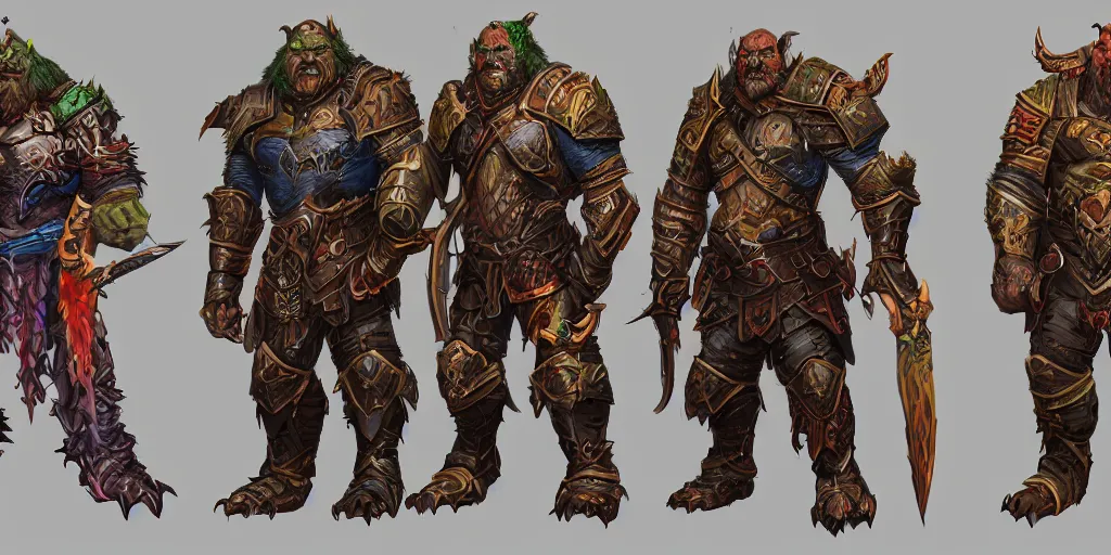 Image similar to different views of orcs in armour, colourful intricate!! concept art by senior character artist, trending on artstation, full body character design