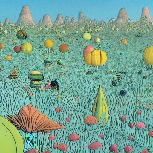 Prompt: whimsical fields of alien plants , that make you feel as if you have stepped into a fairytale by Patricia Polacco and Katsuhiro Otomo, style of in the tundra, turquoise, Quake engine