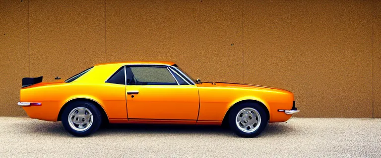 Image similar to orange - yellow audi camaro b 1 ( 1 9 6 7 ), restomod, establishing shot