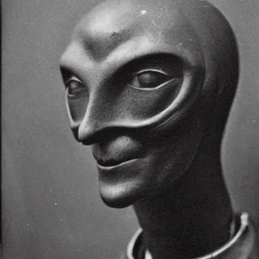 Image similar to photograph of alien by edwardian, male, 1 9 0 0 s, 1 9 1 0 s, grainy, slightly blurry, faded, realistic face