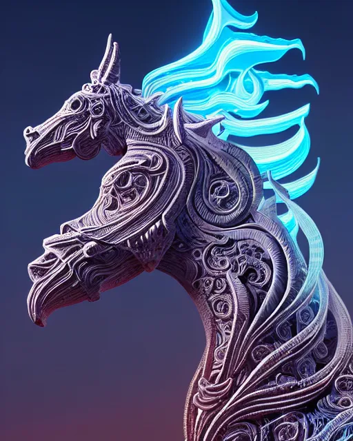 Prompt: 3 d ornate carved horse with profile portrait, sigma 5 0 0 mm f / 5. beautiful intricate highly detailed horse. bioluminescent, plasma, lava, ice, water, wind, creature, thunderstorm! artwork by tooth wu and wlop and beeple and greg rutkowski, 8 k trending on artstation