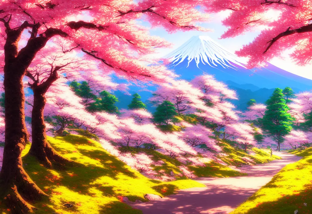 Image similar to a real photographic landscape painting with incomparable reality, wide angle, in forest, flowers, cherry blossom tree in full bloom, bright style, mount fuji, clearing, magnificent, artstation, art by makoto shinkai