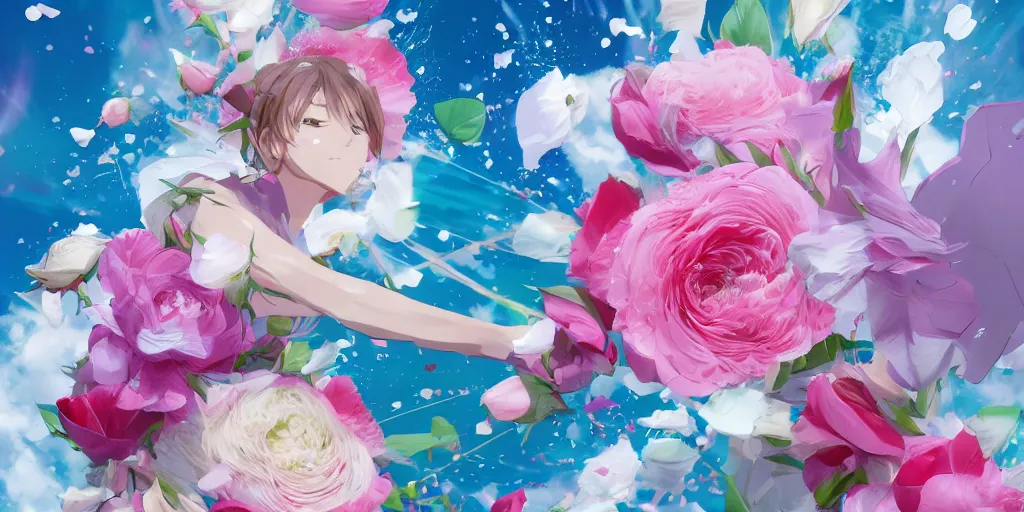 Image similar to action shot of magic invisible force blade slicing through a bouquet of white and pink roses, flowers exploding and splattering, big puffy clouds, exploding roses, large rose petals, lotus petals, large polygonal background elements, large polygons, studio ghibli anime, radiant lighting, artgerm, manga, trending on artstation, art nouveau, mature colors