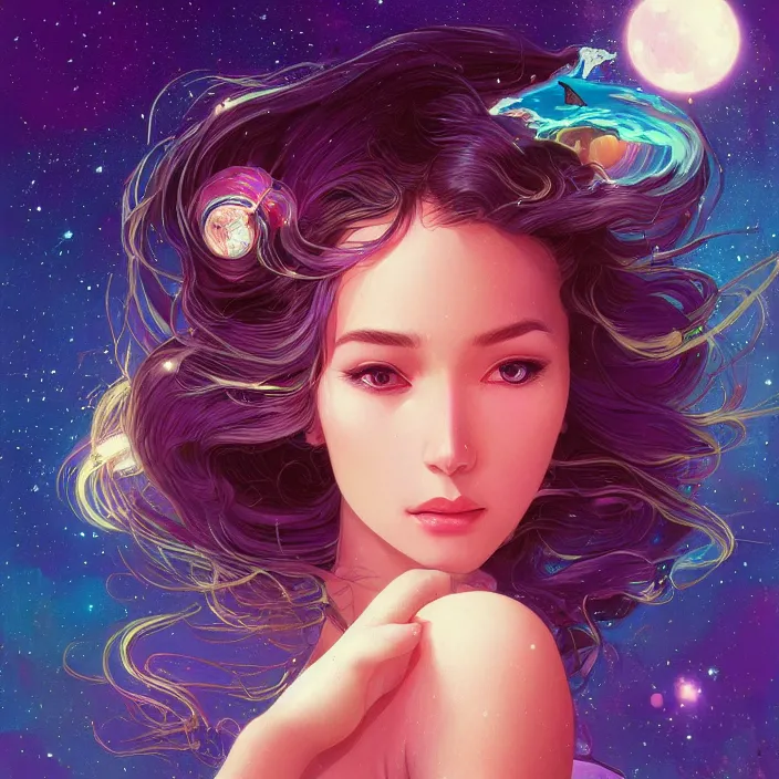 Prompt: beautiful, young woman, detailed gorgeous face, flowing hair, vaporwave aesthetic, synthwave, space, and planets in her hair with shooting star and milkyway, psychedelic, digital painting, artstation, concept art, smooth, sharp focus, illustration, art by artgerm and greg rutkowski and alphonse mucha
