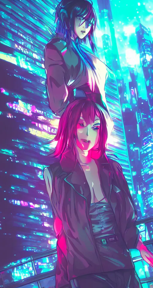 Image similar to anime, cyberpunk women, city, neon lights, glow, retrowave style, sunset,