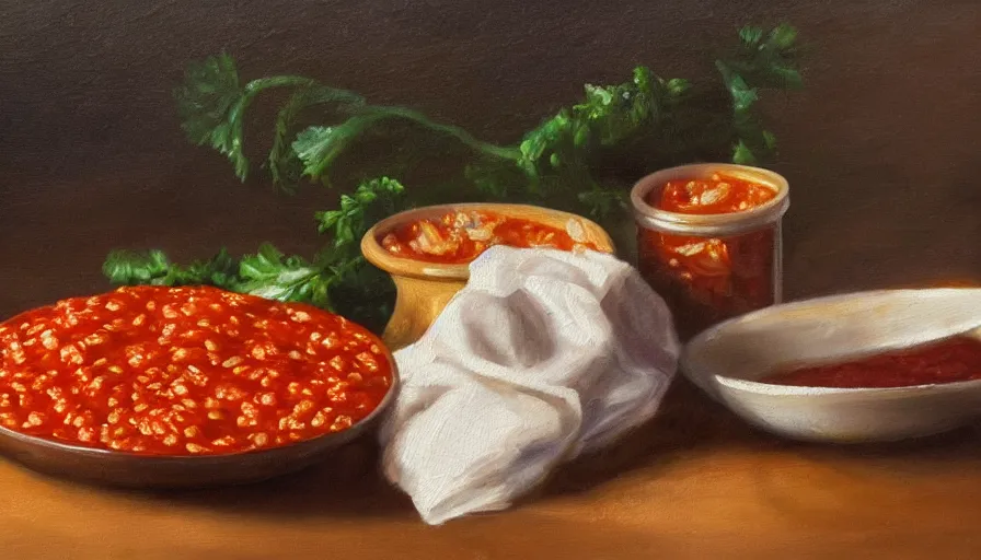 Prompt: an oil painting of rice and tomato sauce with beans and vegetables, dramatic light, establishing shot