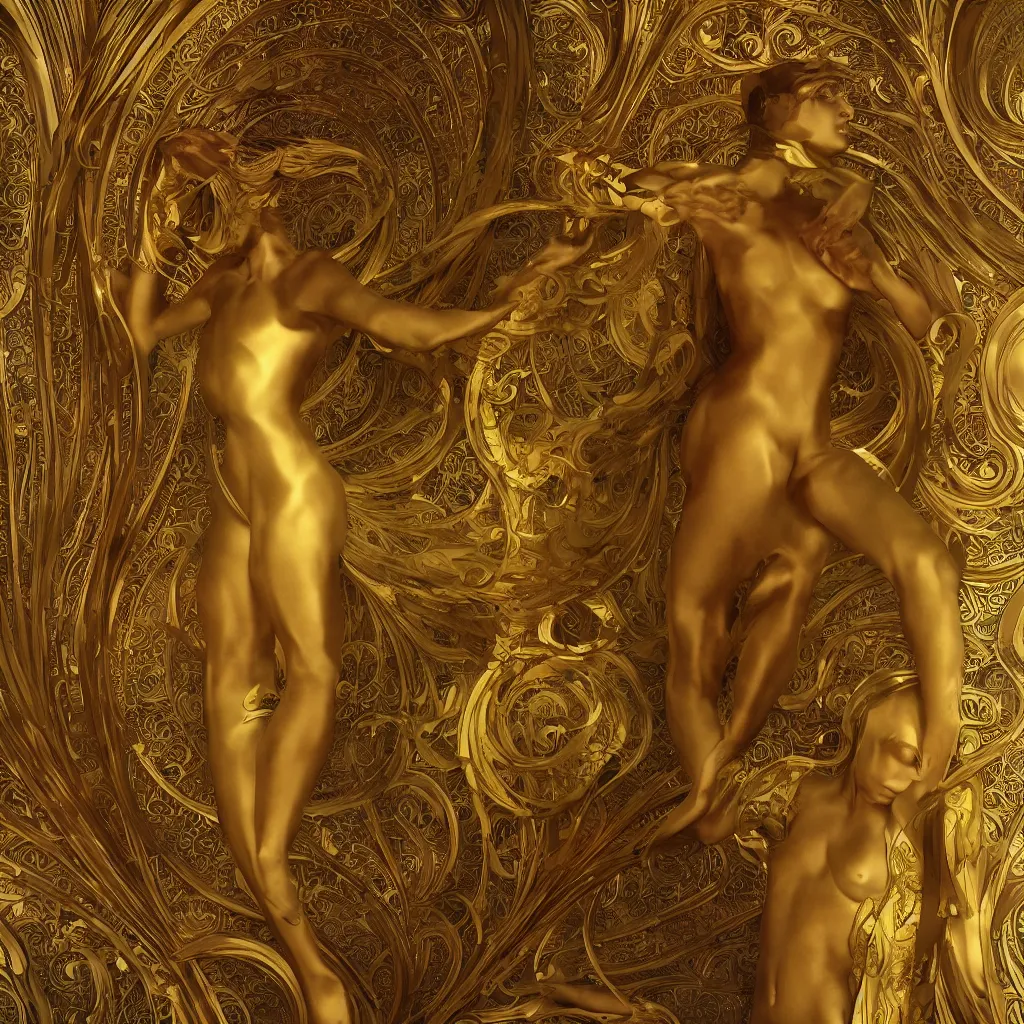 Prompt: human body made of thin golden Art Nouveau, Alphonse Mucha, cinematic realistic photo, octane render