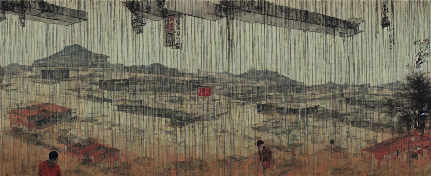 Image similar to a chinese prison near a river by peter doig, muted colors, overlaid with chinese adverts