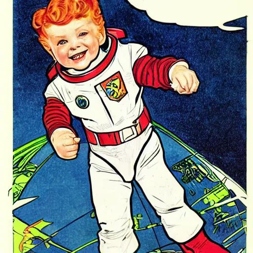 Image similar to a cute little boy with a mischievous face and short ginger hair. he is dressed as an astronaut. well composed, clean elegant painting, beautiful detailed face. comic book art by steve ditko and jack kirby and ( alphonse mucha )