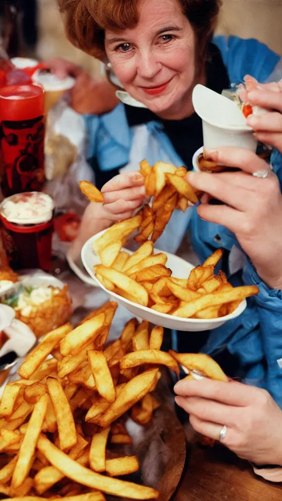 Prompt: a martin parr photo of a woman eating fish and chips, flash photography, close up