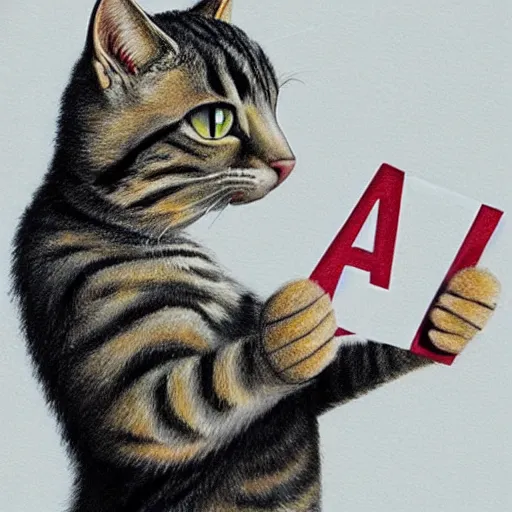 Image similar to cat holding letters falc, f a l c, o n i, falconi, ultra realism