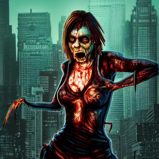 Image similar to angry zombie full body portrait of milla jovovich, new york city background, grimdark horror, stylized digital illustration, radiating a glowing aura, global illumination, ray tracing, hdr, fanart arstation by ian pesty and katarzyna bek - chmiel