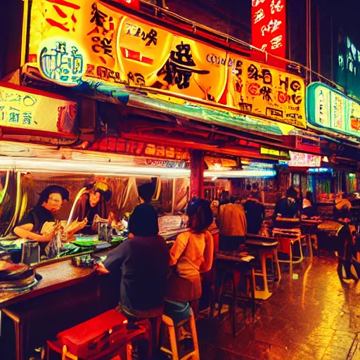 Image similar to a street noodle bar in the rainy city of neotokyo, a steaming bowl of ramen sitting on the table against the rainy background of neon signs, cyberpunk, futuristic, grungy, hd, 4 k, very detailed, polaroid photograph