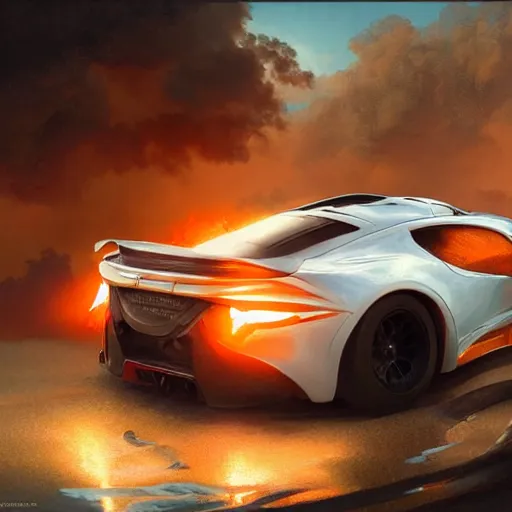 Image similar to ultra realistic illustration, a sportscar on fire, highly detailed, digital painting, artstation, concept art, smooth, sharp focus, illustration, art by artgerm and greg rutkowski and alphonse mucha