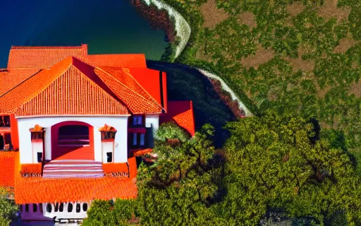 Prompt: architecture of a villa on a cliff, aerial view, orange and red color scheme, vivid colors, photorealist, 4 k