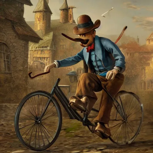 Prompt: Pinocchio and Geppetto riding bikes in the early 20th century, Realistic, 4k Resolution, 8k Resolution, Detailed, Very Detailed, Highly Detailed, HD Quality, Digital Art, Trending on Artstation