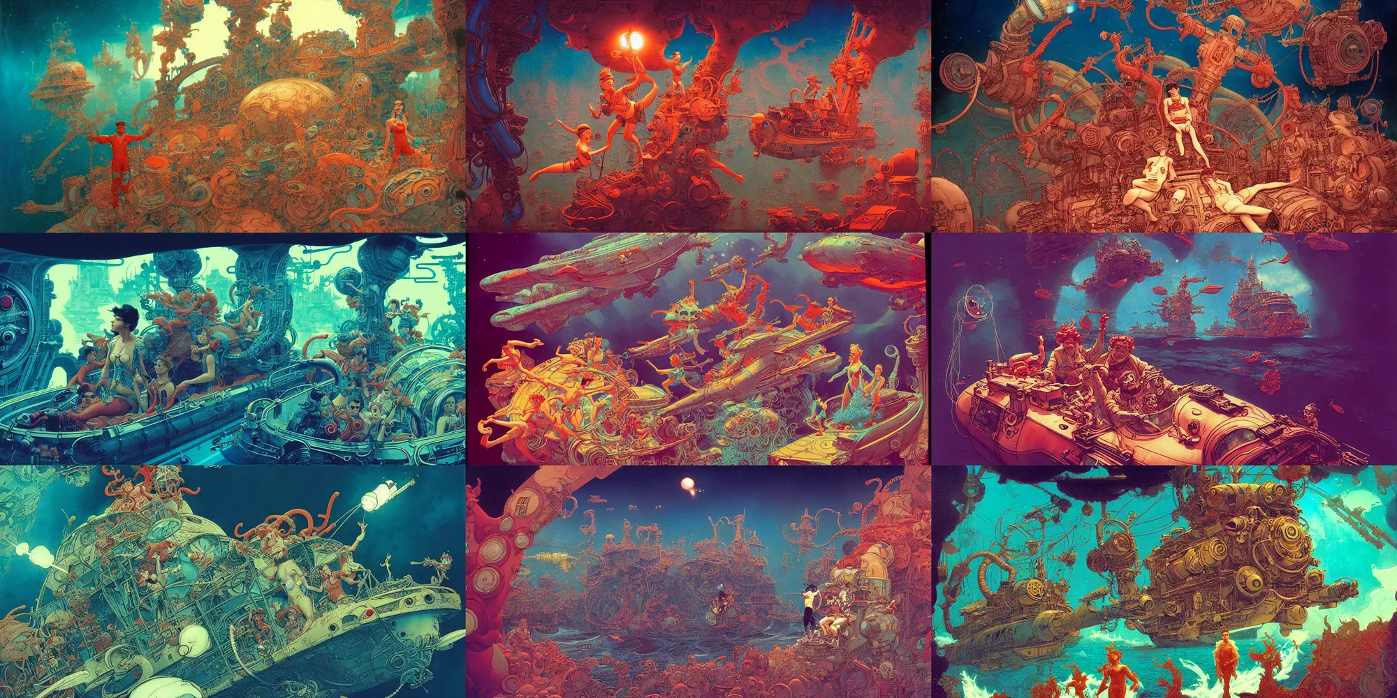 Prompt: phantastic voyage, tiny people in a submarine in the bloodstream traveling through the human body, cinestill, weird camera angle, art by james jean and gaston bussiere and craig mullins