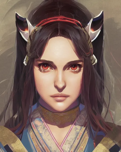 Image similar to An anime portrait of Natalie Portman as a beautiful woman wearing a kimono from Skyrim, by Stanley Artgerm Lau, WLOP, Rossdraws, James Jean, Andrei Riabovitchev, Marc Simonetti, and Sakimichan, trending on artstation