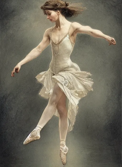 Image similar to a beautifull intricate pencil painting of a dancing ballerina, reflexions, verry high details by william turner art, greg rutkowski and alphonse mucha, trending on artstation, very very detailed, masterpiece, muted colors