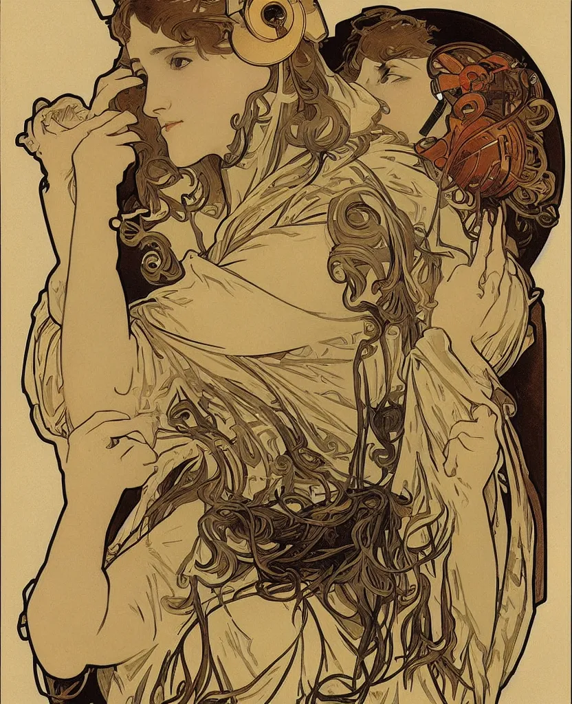 Prompt: early good morning, by alphonse mucha 1 8 9 9. pretty girl with big headphones and cozy hoodie, laptop, hot coffee, window, sunrise