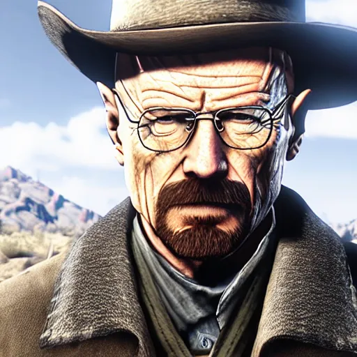 Prompt: Film still of Walter White, from Red Dead Redemption 2 (2018 video game)