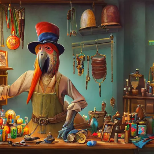 Image similar to Anthropomorphized parrot trader in his shop, selling his wares, portrait, items, magic potions, carpet, window, fancy hat, sly expression , cunning expression, cute expression, D&D, fantasy, cinematic lighting, highly detailed, digital painting, artstation, concept art, smooth, sharp focus, illustration, warm light, cozy warm tint, magic the gathering artwork, volumetric lighting, 8k, art by Akihiko Yoshida, Greg Rutkowski