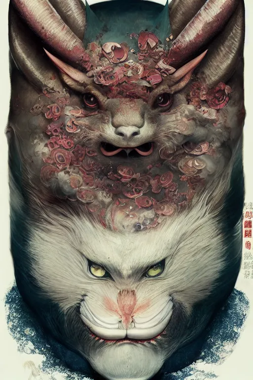 Image similar to a portrait of a the great japanese devil animal illustrated by miyazaki by karol bak, james jean, tom bagshaw, rococo, sharp focus, trending on artstation, cinematic lighting, hyper realism, octane render, 8 k, hyper detailed, vivid, ultra detailed, highly detailed