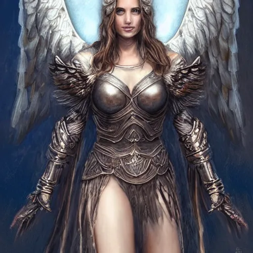 Image similar to portrait of young aasimar angel valkyrie warrior girl maiden wearing comfy leather armor with beautiful feathered angel wings, blue eyes, beautiful face, Natalie Portman, Emily Ratajkowski, innocent, intricate, elegant, highly detailed, ultradetailed, hyperdetailed, artstation, concept art, smooth, sharp focus, illustration, art by artgerm and greg rutkowski and Rossdraws and Bluesssatan and Mandy Jurgens