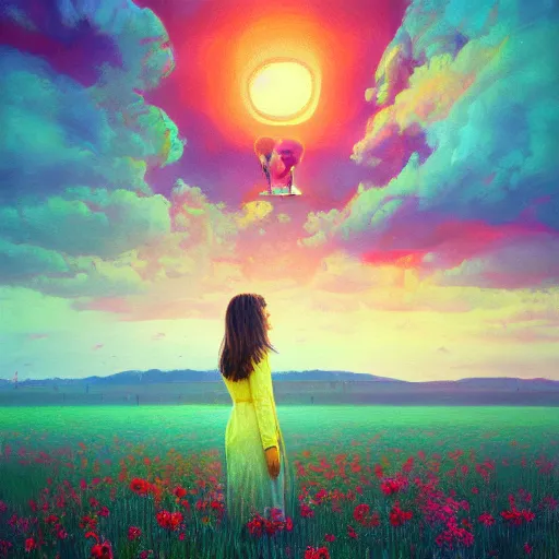 Image similar to woman with big flower face, standing in flower field, surreal photography, sunrise dramatic light, impressionistic painting, colorful clouds, artstation, dali, simon stalenhag