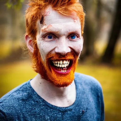 Prompt: photo of a skinny tall ginger men with rotten stained big yellow teeth, ugly appearance, acne and staining all over his face, 8 5 mm, f / 1. 3