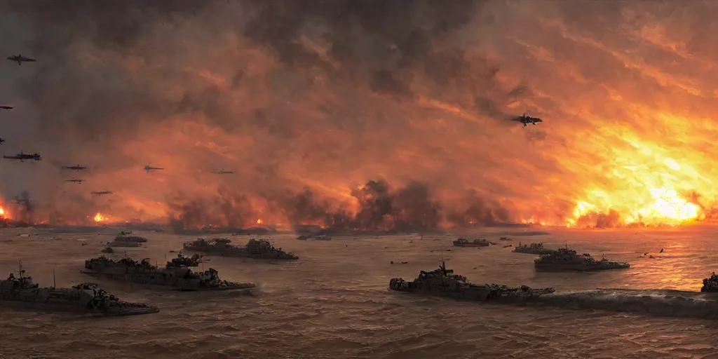 Prompt: the normandy!!!!! landings, d - day, 1 9 4 5, sunset, chaos!!!, smoke, fire, soldiers charging in, airplanes bombing the beach, destroyed tanks, highly detailed, wide shot, sadness, cinematic, ultra realistic!!!, ray tracing, by greg rutkowski