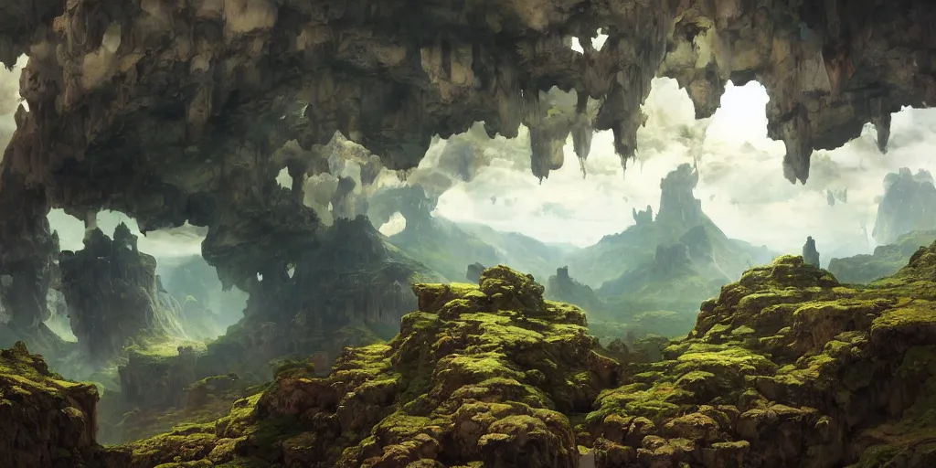 Image similar to huge cave ceiling clouds made of green earth towns, industry, steampunk villages castles, buildings inverted upsidedown mountain artstation illustration sharp focus sunlit vista painted by ruan jia raymond swanland lawrence alma tadema zdzislaw beksinski norman rockwell tom lovell alex malveda greg staples