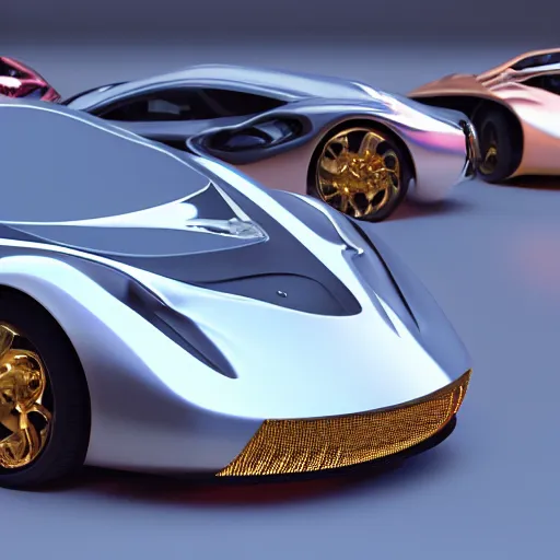 Image similar to car show several cars: motherboard forms designed by zaha hadid, sci-fi futuristic ultra realistic photography, keyshot render, octane render, unreal engine 5 lumen, high oiled liquid glossy specularity reflections, ultra detailed, golden hour, dramatic lighting 4k, 8k, 16k in the style ofblade runner 2049 Cyberpunk 2077 ghost in the shell thor 2 marvel film : tilt shift: sharp focus