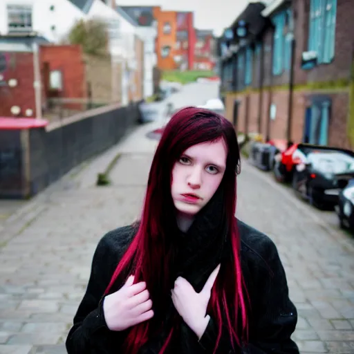 Image similar to a pale emo girl, messy black / red hair, british street background, canon powershot a 5 0, 2 0 0 6
